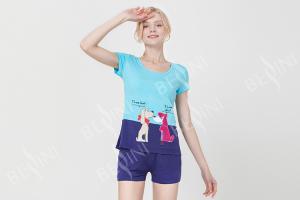 China Viscose Spandex Jersey Ladies Summer Pyjama Sets With Dark Blue Short Pants factory