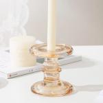 Electroplate Gold Pillar Color Glass Candle Holder Machine Pressed 11.2cm Height
