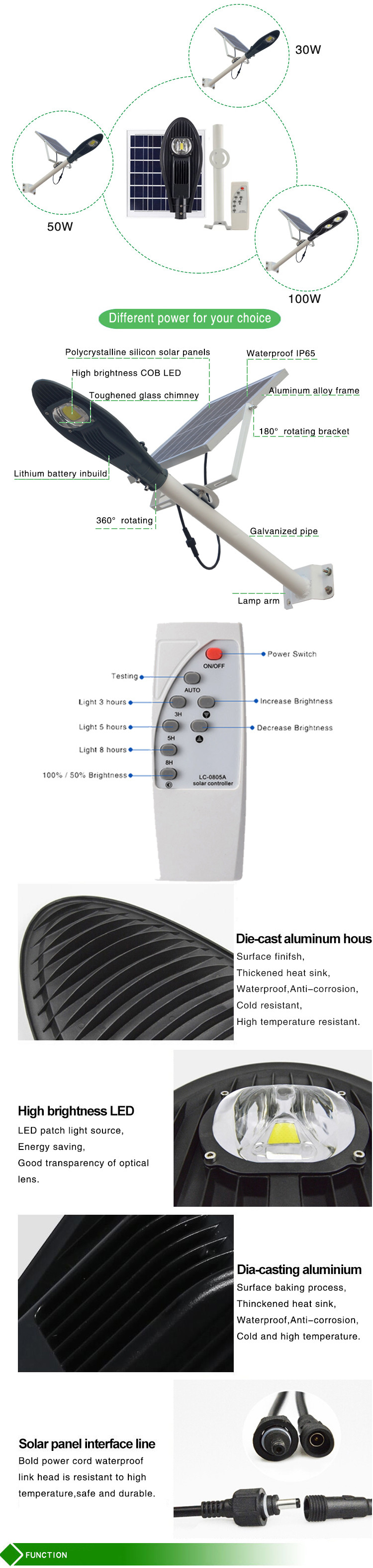 Split Aluminum Solar Powered LED Street Lights COB Chips High Bright IP65 Waterproof