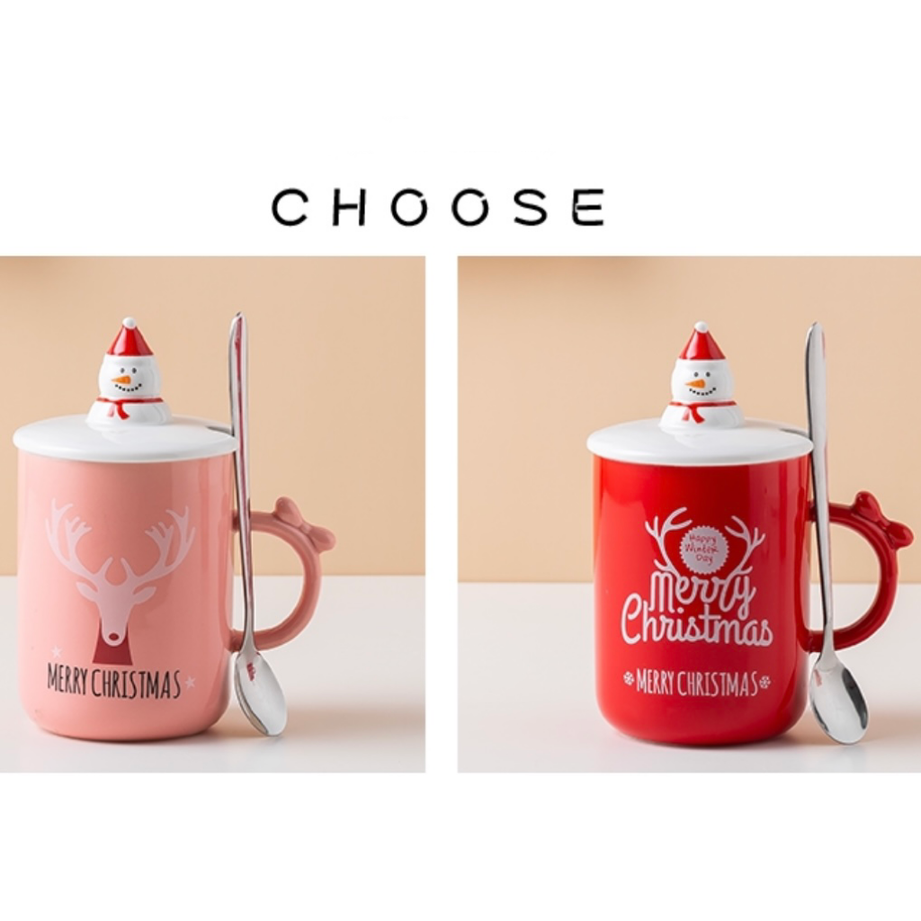 New Festival Mug Christmas Round Santa Claus Lid Stainless Steel Spoon Elk Pattern Ceramic Mug With Cover