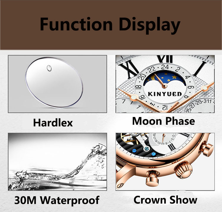 Customized Clock Luxury Mechanical Watches Moon Phase Leather Strap