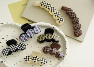 China Flocking plaid hairpin women's black white check milk coffee grab Shark clip headpiece Twist banana clip hairpin factory