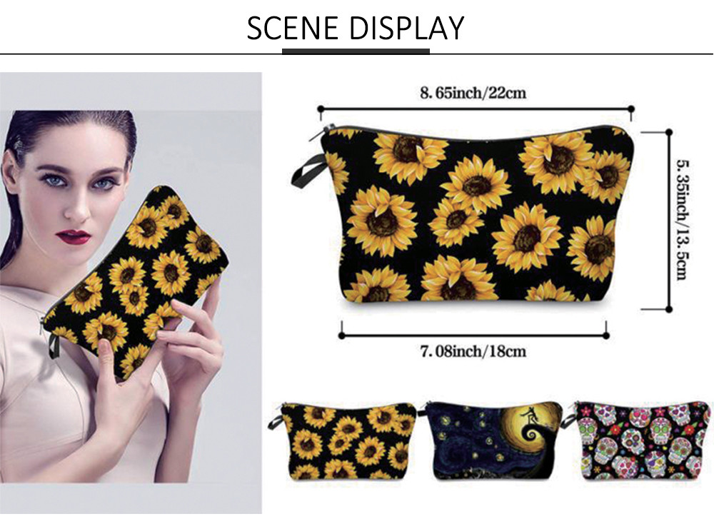 Sunflower Print Polyester Makeup Bag For Toiletries