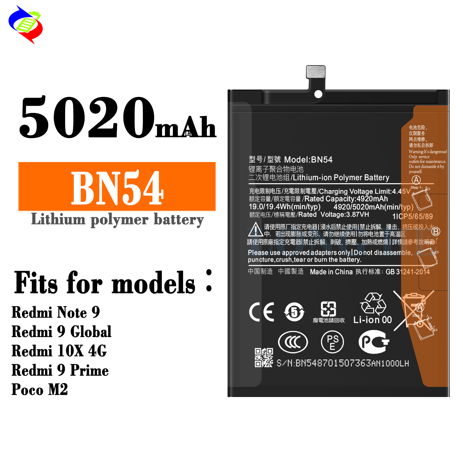 Mobile Phone Models Redmi 9/Redmi Note 9 Lithium-ion Polymer BN54 Battery 500PCS ODM/OEM