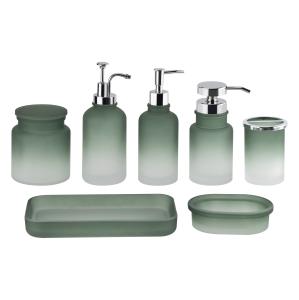 China Green Glass Bathroom Accessories Set Acid Wash ABS Pump Head Bathroom Counter Tray factory
