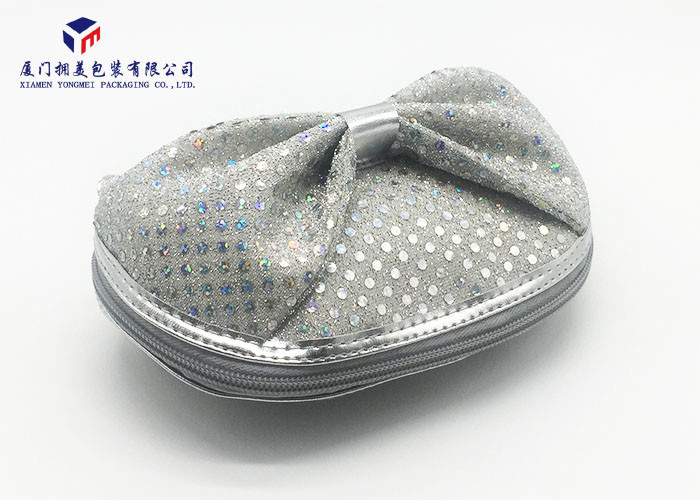 Silver Sequins On Bag Big Bowknot On Front Side Fabric Makeup Bag 20.5X7.5X17.5cm