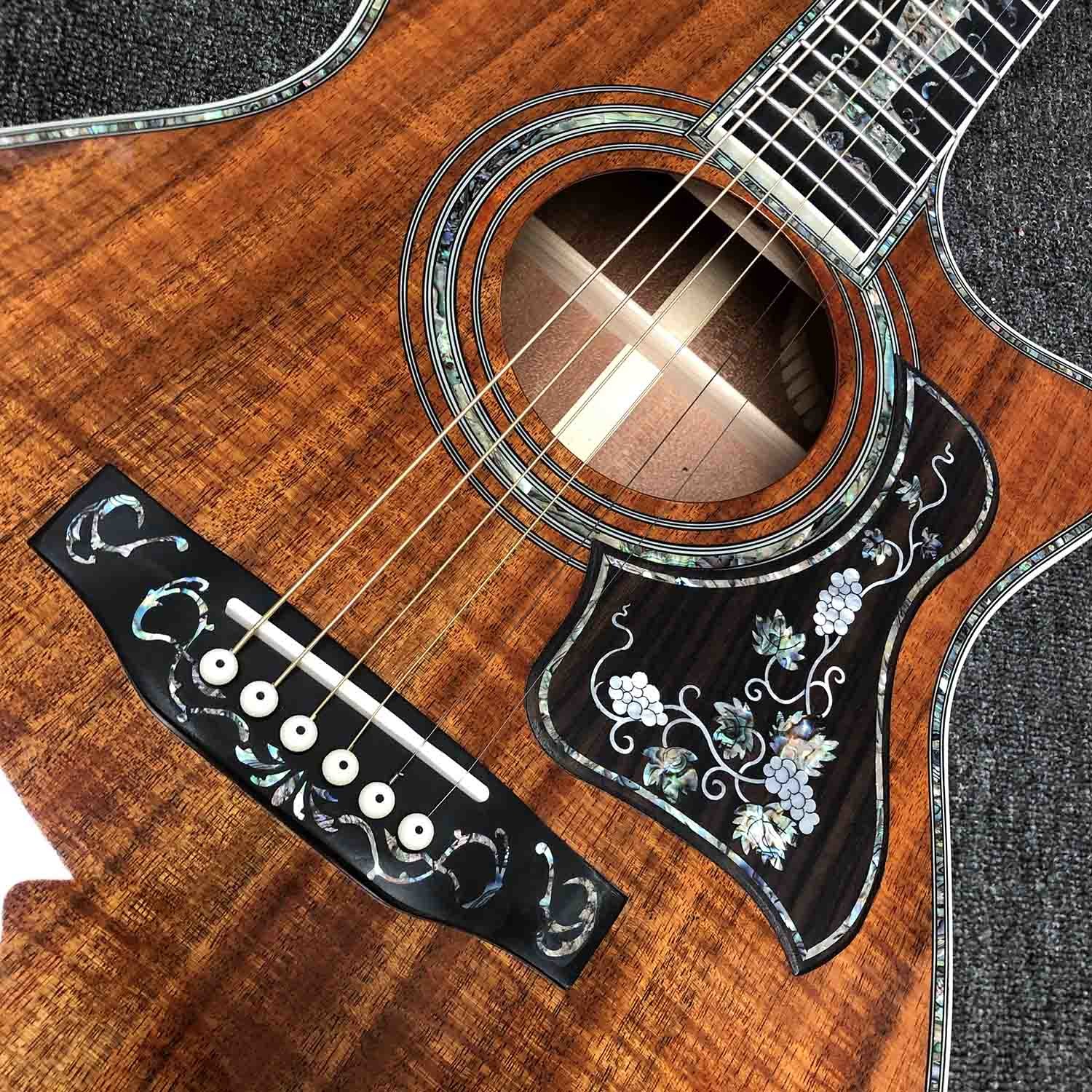 Custom Solid KOA Wood Top OM Body Shape Life Tree Inlay Acoustic Guitar Wood Pickguard
