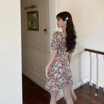 Floral Painting Print A Line Puff Sleeve Mini Dress Leisure Holiday Style