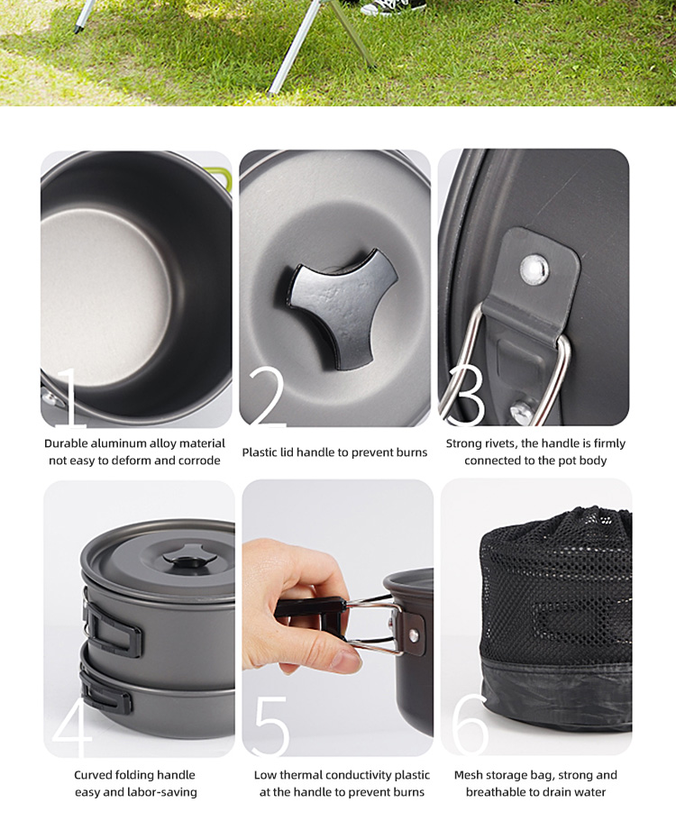 Outdoor Pots And Pans Portable 5 - 6 People Aluminum Alloy Cookware Set