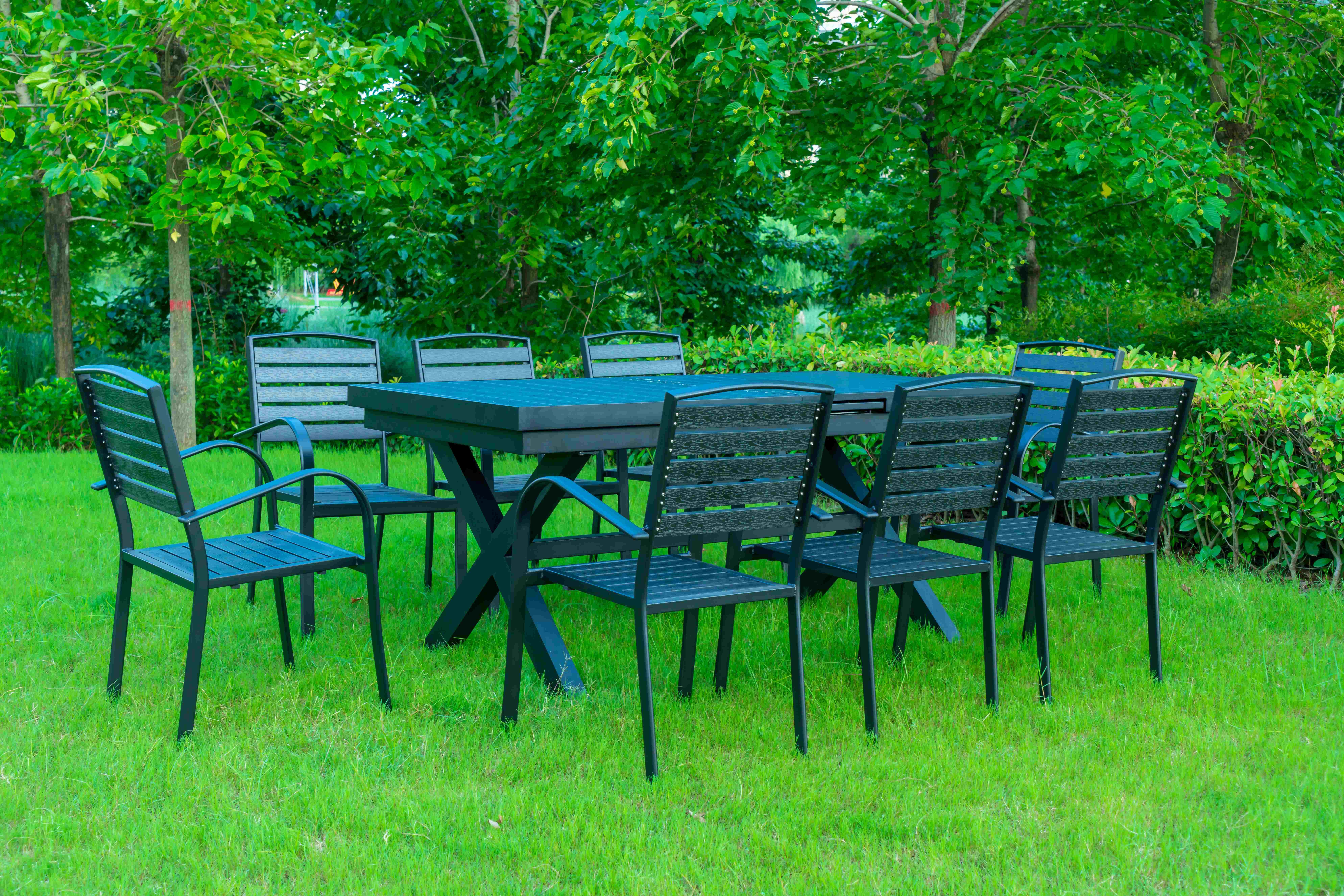 7 Pieces Extendable Modern Black Patio Restaurant 9 Piece Dining Sets Outdoor Garden Porch Aluminum Table and 8 Seater