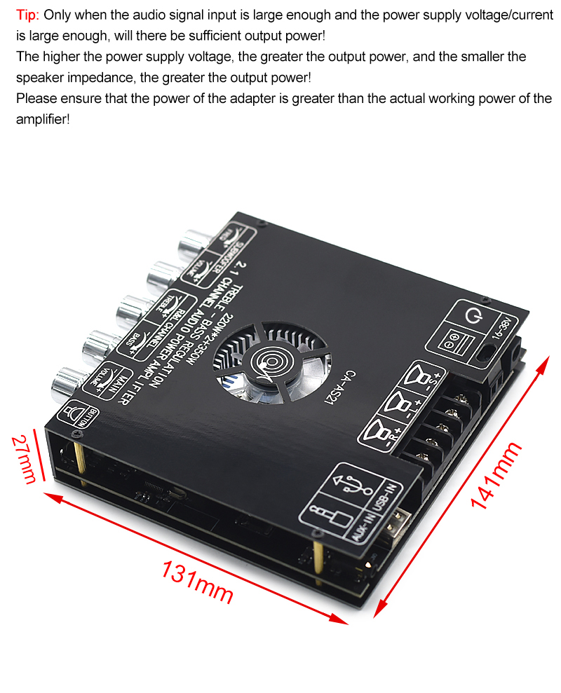 ZK-AS21 2.1 Channel Digital Power Amplifier Board Module 220W*2+350W High Low Tone Subwoofer TPA3255 BT Home Audio AS21
