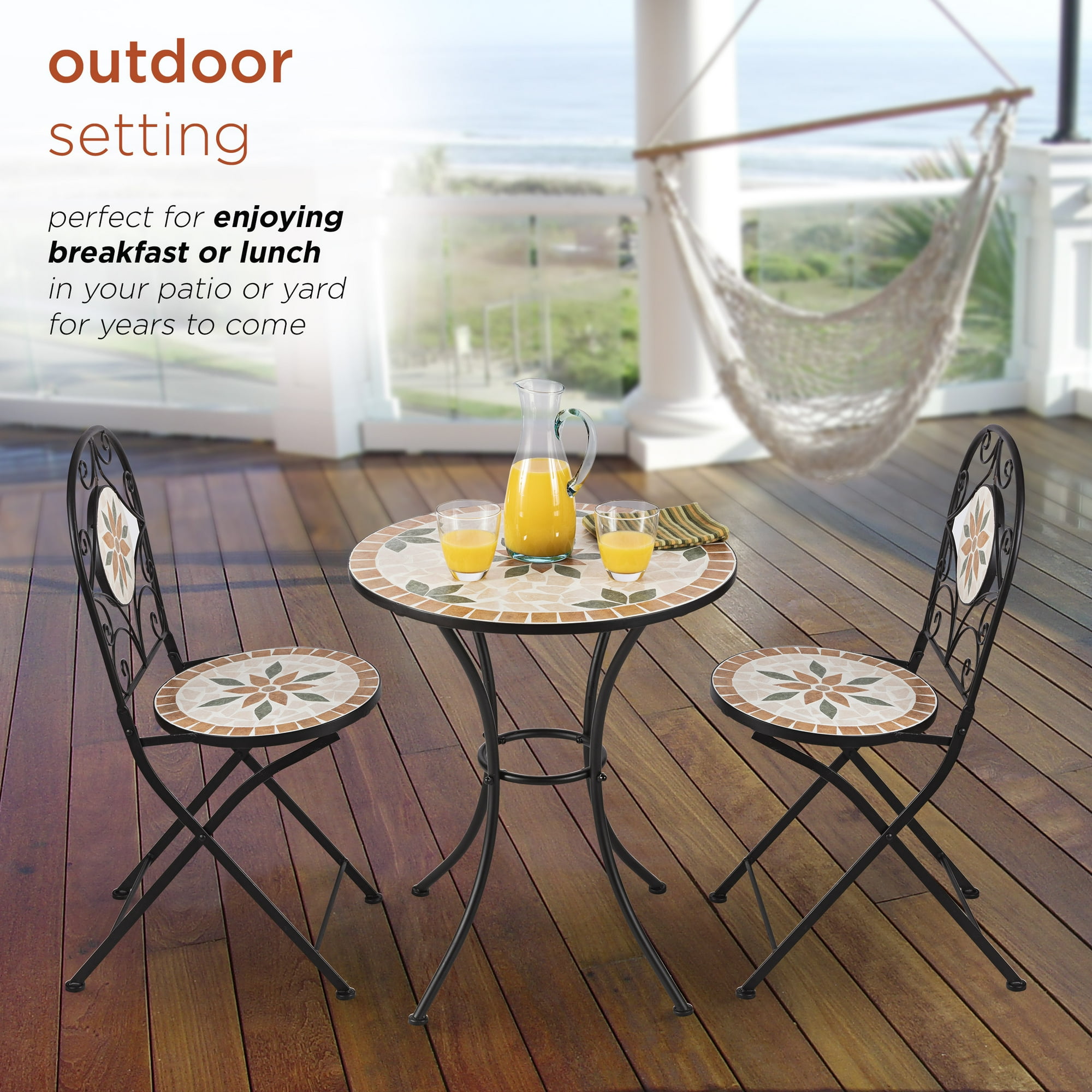 AJUNION 3 Piece Iron Mosaic Tile Patio Bistro Set with Ceramic Table and Folding Chairs