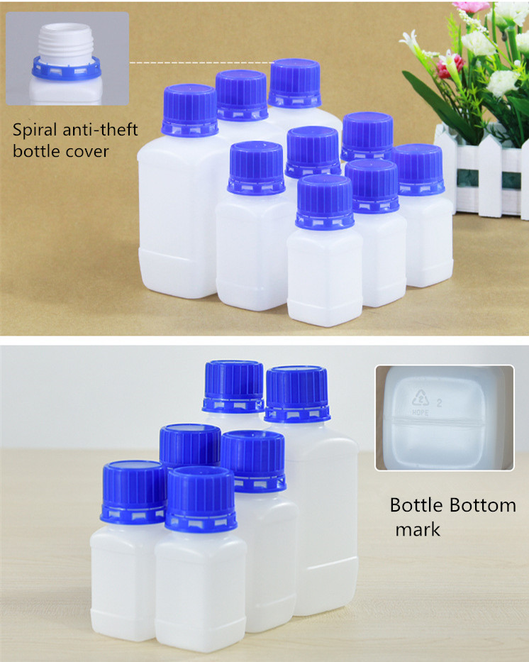 Square White HDPE Plastic Lab Bottles Reagent Chemical Storage 60ml-250ml
