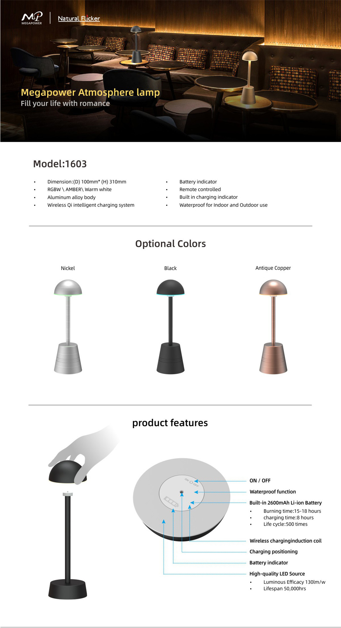 Wifi Portable Table Lamp App Control RGBW Night Light, Rechargeable for Bedrooms, Living Rooms and Office