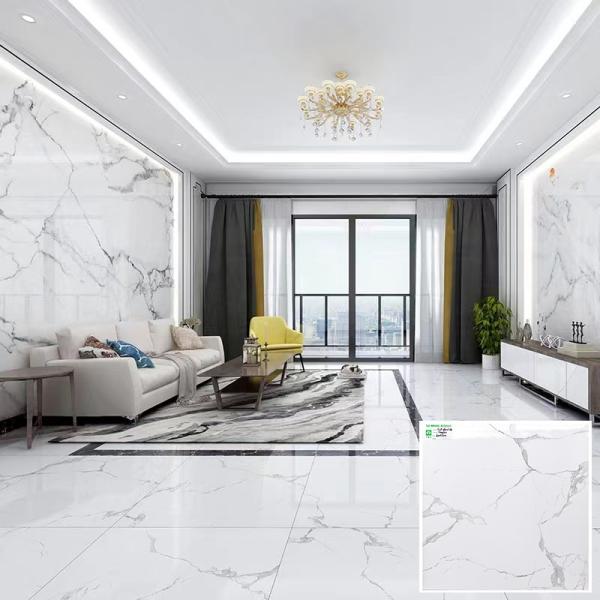 Porcelain Floor Tile 600x600 Polished Glazed Surface Carrara White Marble Look