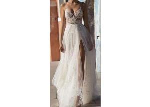 China Off White Sling High Slit Lace A Line Bridal Gowns With Many Beads factory