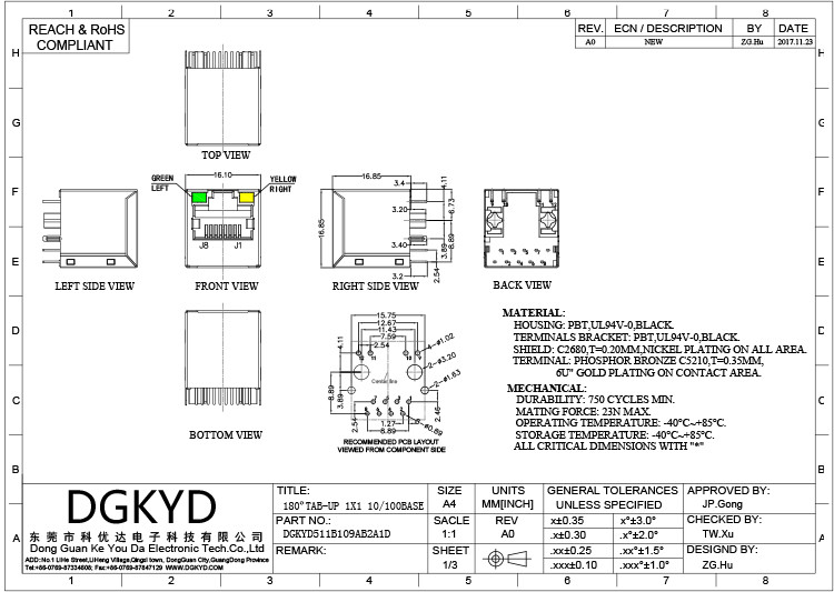DGKYD511B109AB2A1D 1X1 180 Degree RJ45 Ethernet Connector With LED