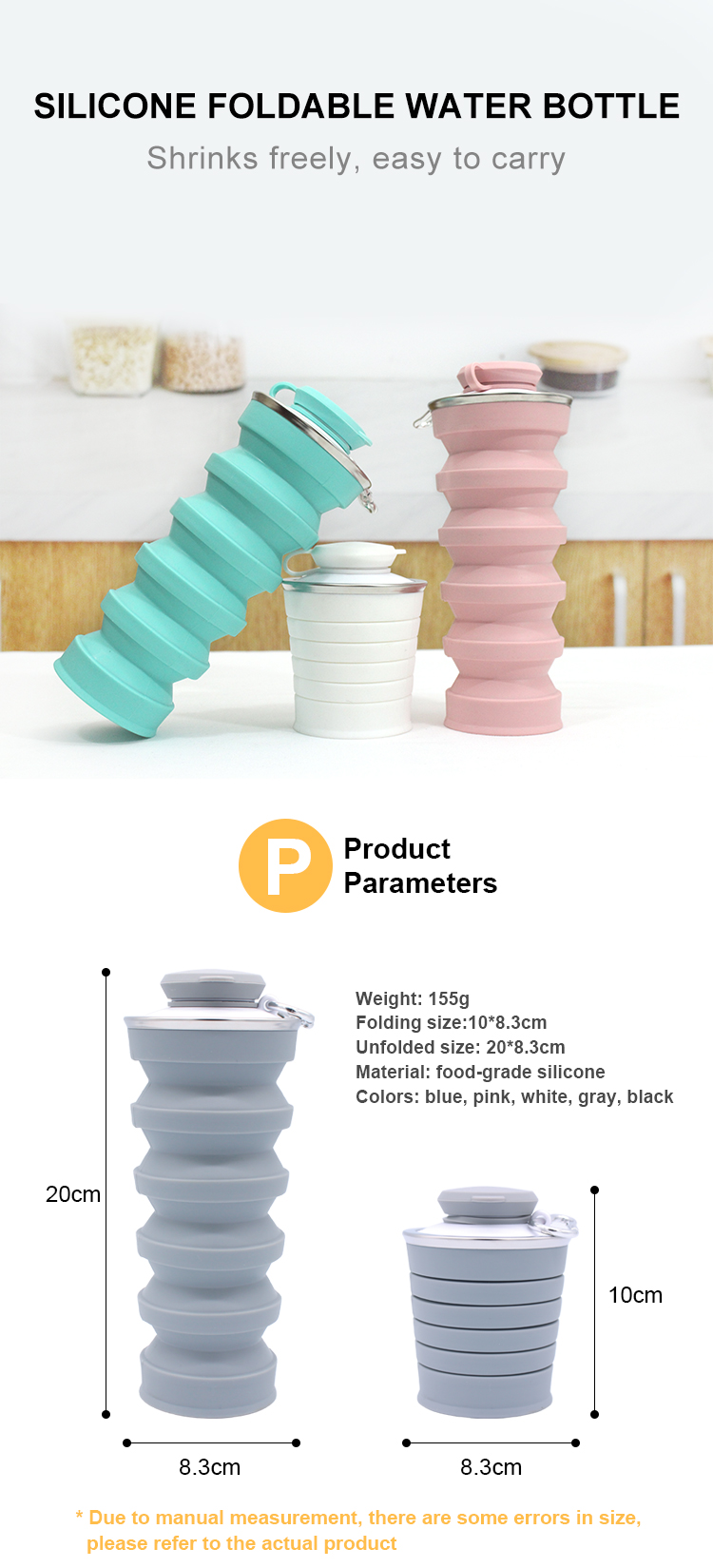 Portable Collapsible Silicone Water Bottle 500ml For Travel