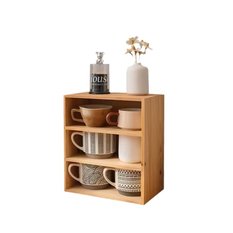 Solid Bamboo Desktop Storage Box with Dust-proof Feature Multi-layered for Office or Living Room for Cup Coffee Tea Pot Use