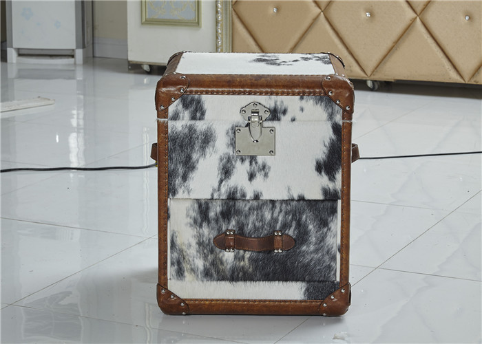 Vintage Style Leather Storage Trunk Cow Leather Fur Material 1 Drawer Top Genuine Handle