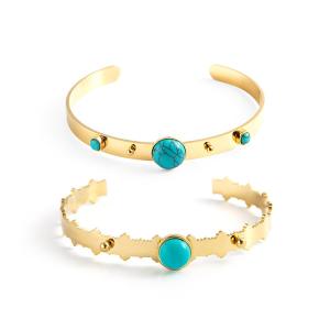 China Natural Stone Turquoise 18K Gold Plated Bangles For Women Adjustable factory