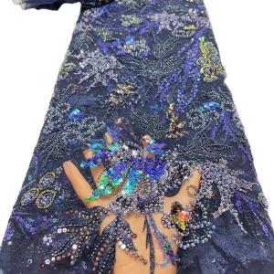 China Latest fashionable aso ebi beaded lace wedding dress with shiny beaded French mesh lace with colorful beaded factory