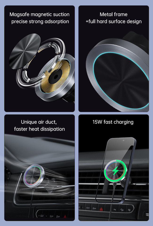Ultra Small Diameter Magnetic Wireless Car Phone Holder With One Hand Operation And Fast Charging RGB Light Effect