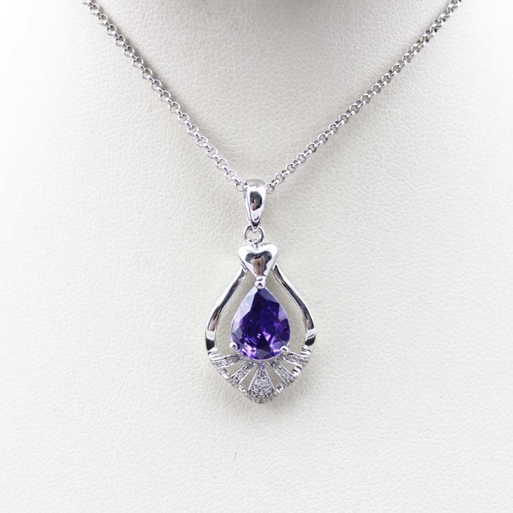Sterling Silver Drop Shpe Aemthyst CZ Diamonds Pendant (PSJ0335)