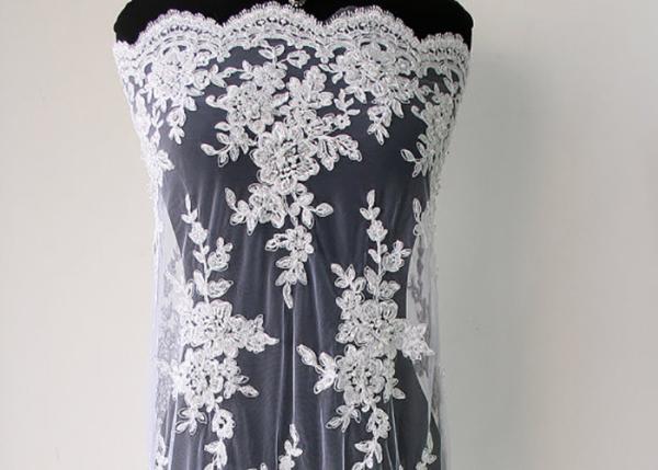 Embroidery Pearl Floral Corded Lace Fabric , White Bridal Lace Fabric With