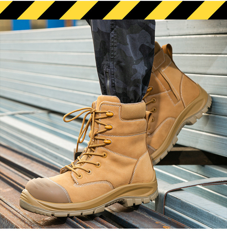 Security Work Boots Wheat Cowhide Safety Boots Rubber Sole Glass Fiber Toe Anti-smashing Kevlar Anti-proof Work Shoes