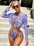 Striped Printed 3 Piece Swimwear Shirt Collar Mesh Sexy Three Piece Bikini Set
