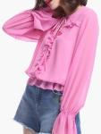 Women Fashionable Long Sleeve Pink Blouse With Ruffles