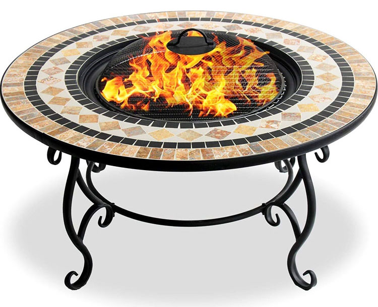 Multi-functional Mosaic Fire Pit for Bonfire Camping and Charcoal BBQ Grill Table