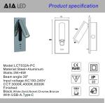 Adjustable recessed flexible LED headboard reading lamp USB aluminum hotel villa