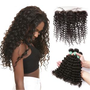 China Smooth Deep Wave Bundles With Lace Frontal 8A Virgin Brazilian Hair / Soft Black Human Hair factory