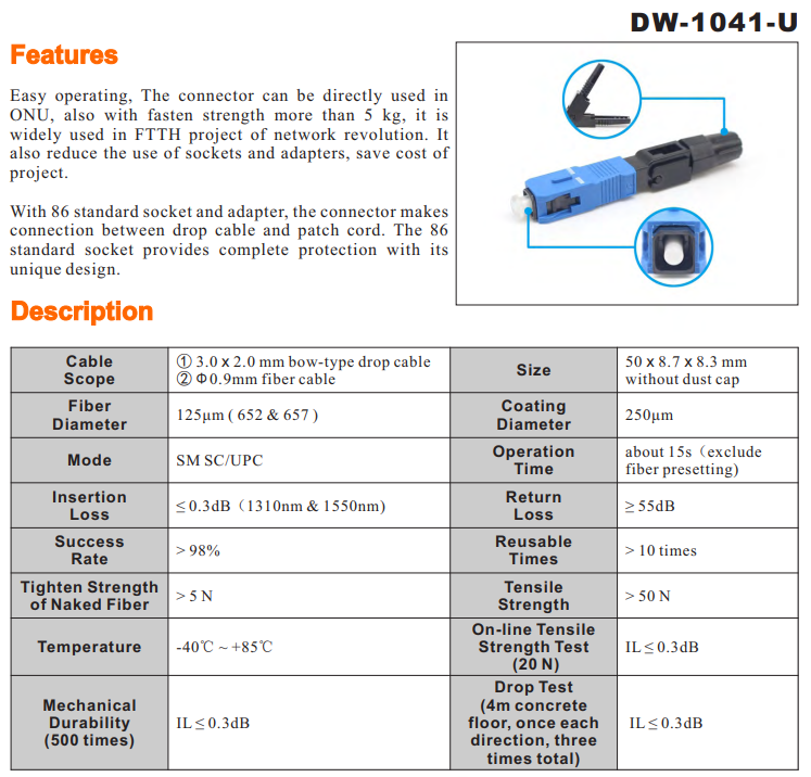 FTTH FTTxFTTB Network SC/UPC Optical Fiber Single Mode Fast Connector for Drop Cable