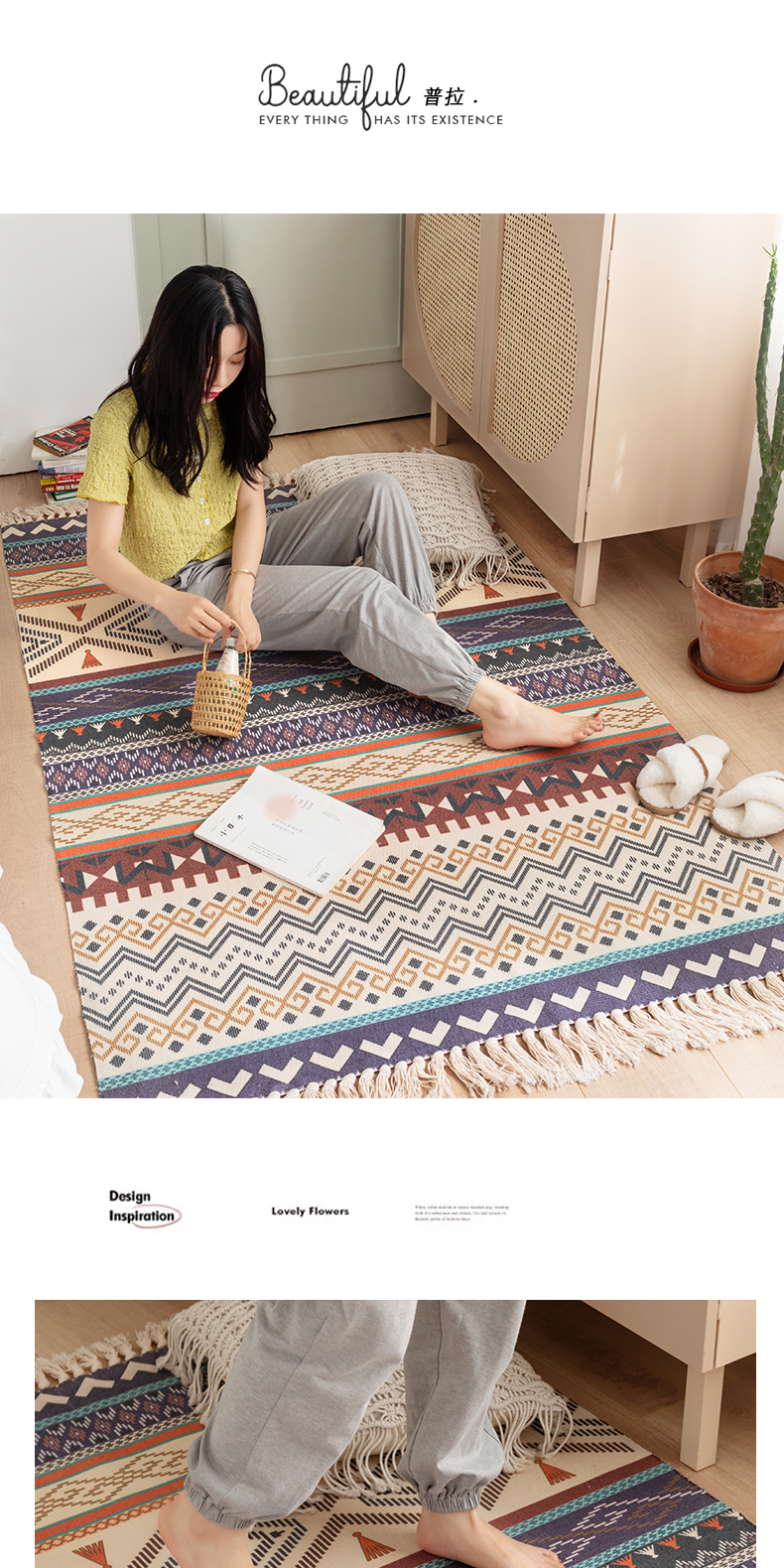 Y-Z Simple Linen Tassel Woven Cotton Mat Nordic Boho Style Turkish Living Room Home Floor Carpets and Rugs