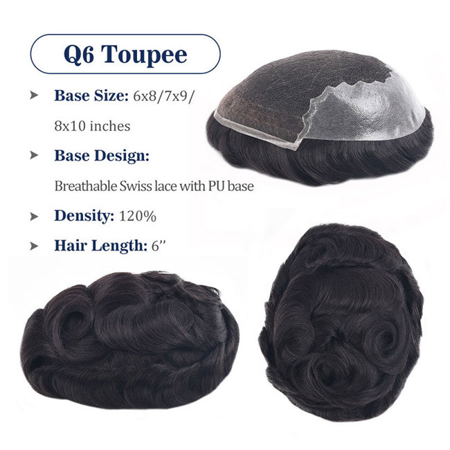 Neobeauty Mens Toupee Human Hair Long Wig Q6 Base Prosthesis Replacement 6x8