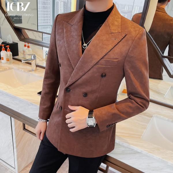 Men's Suede Suit Jacket Business Casual Style Slim Fit Blazer for Men Leather