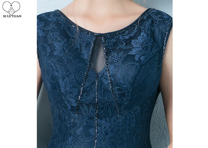 Navy Blue Lace Short Length Prom Dresses Knee Length Sleeveless And Beading