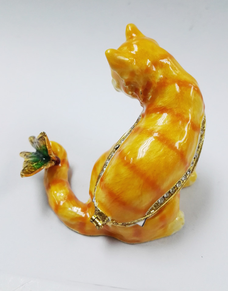 Cat shape trinket box with rhinestone for new jewelry boxes cat enamel cat trinket jewelry box