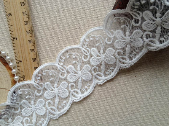 Butterfly Floral White Nylon Mesh Lace Ribbon , Scalloped Lace Trim By The Yar