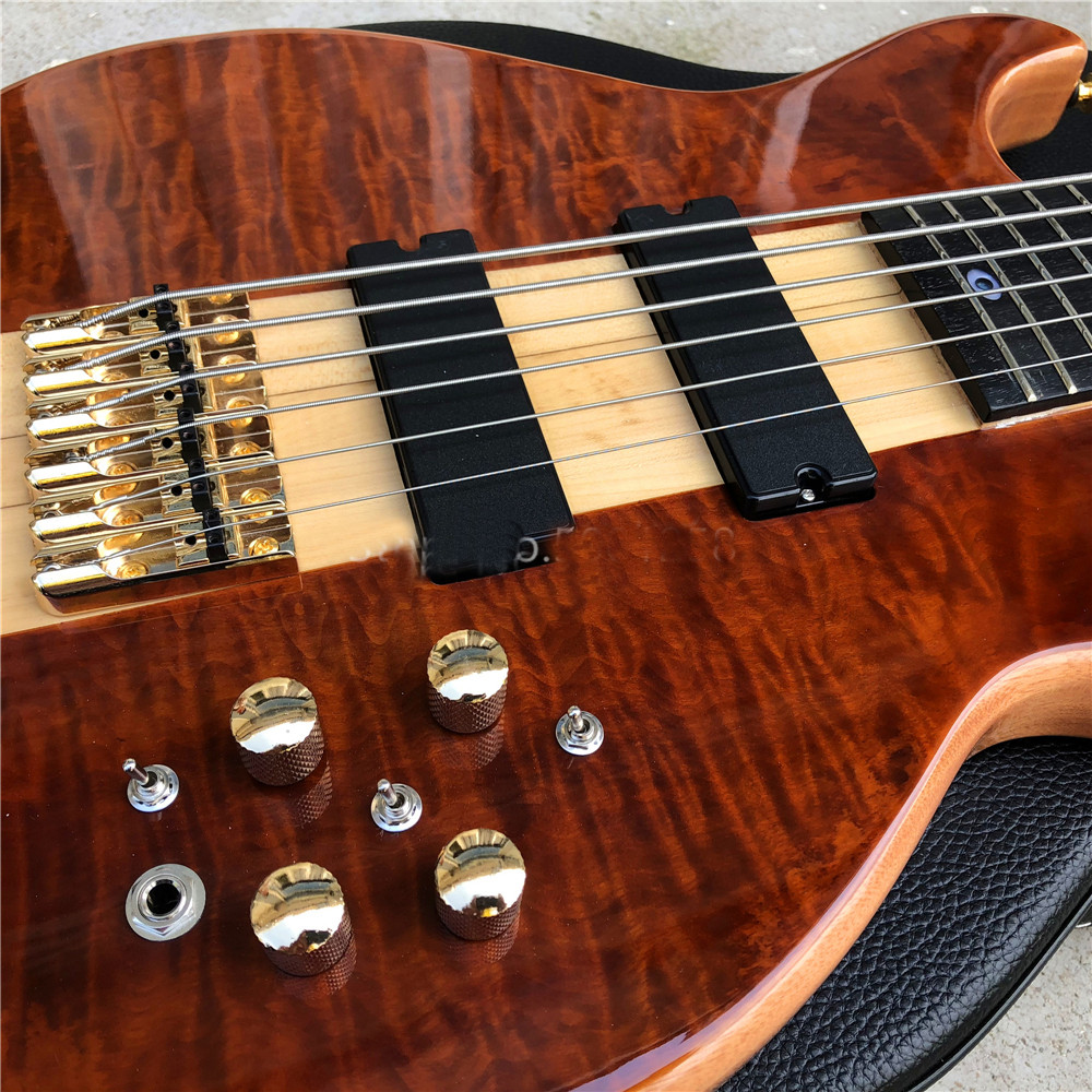 6 String Electric Bass Guitar with Win Red burst Maple top Ebony Fingerboard Active pickups Bass Neck through body