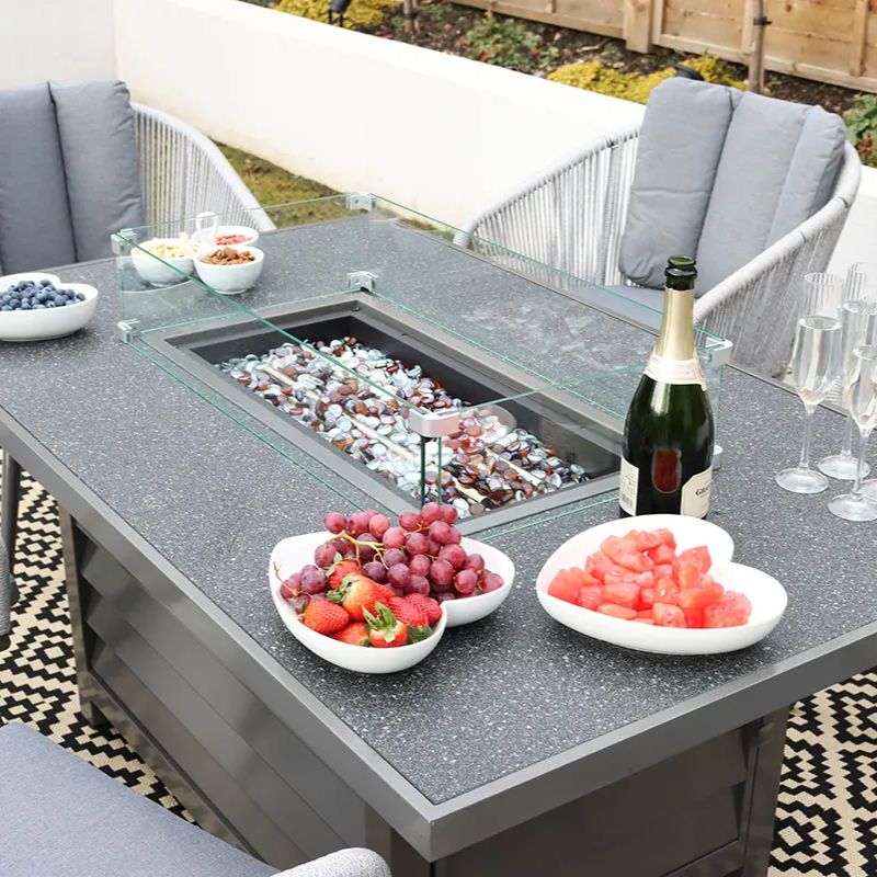 Metal AJUNION 6 Seater Outdoor Furniture with Fire Pit Table and Rope Weave Armchair