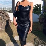 Nightclub sexy low-cut halter back slim black leather wrap suspender dress in