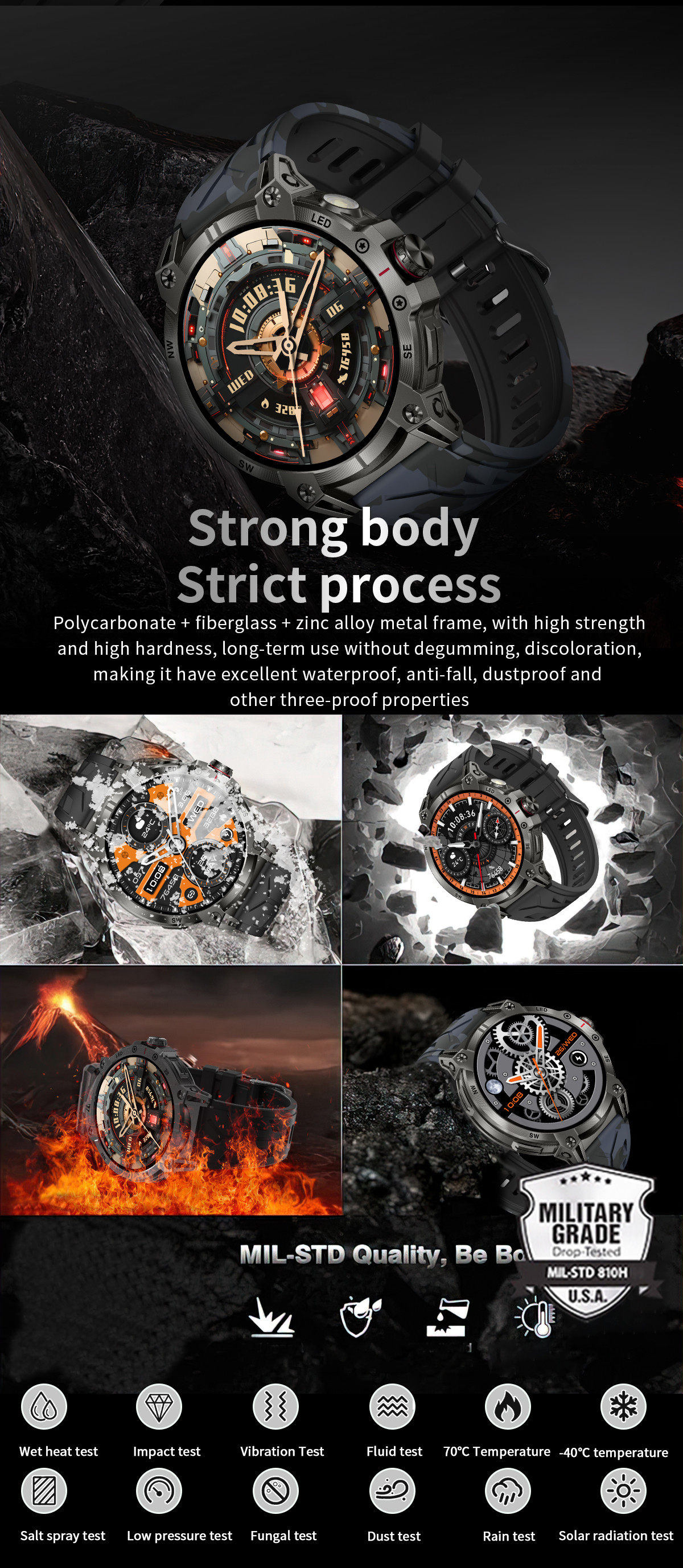 1.85" Rugged Smart Watch Touch Screen Bluetooth Calling Flashlight Compass