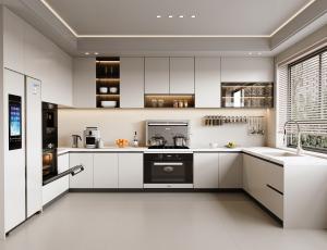 China Wooden Color Combination Design U Shaped Melamine Board Modern Kitchen Cabinet factory