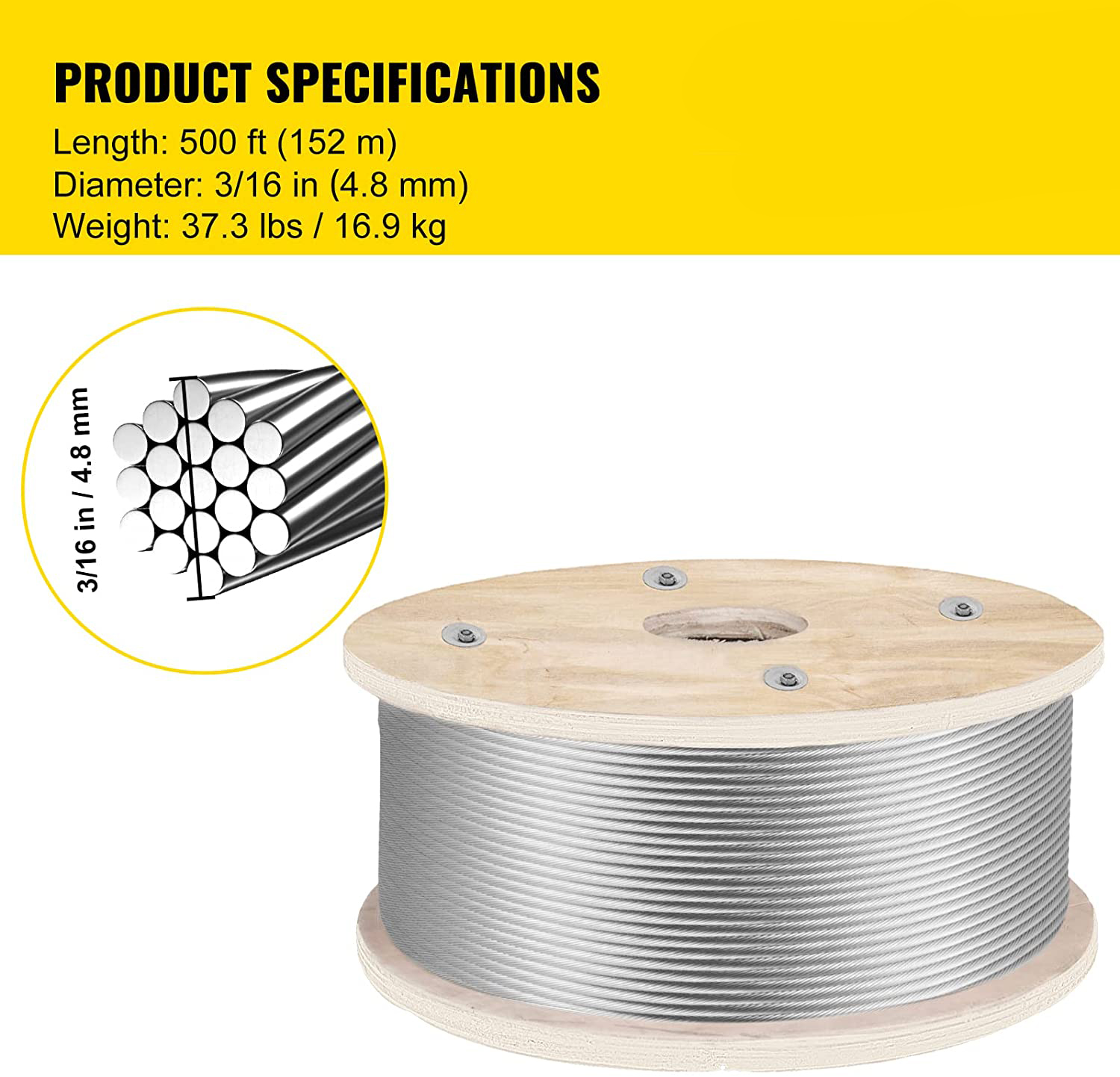 1x19 Steel Wire Cable 3/16" Breaking Strength Suitable for Stair Handrail Hanger Line AiSi Grade Stainless Steel