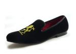Lion Embroidered Mens Velvet Loafers Handmade Mens Black Velvet Slippers For
