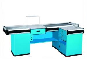 China Custom Motored Supermarket Conveyor Belt Checkout Counter With Stainless Steel Powder Coating Surface factory
